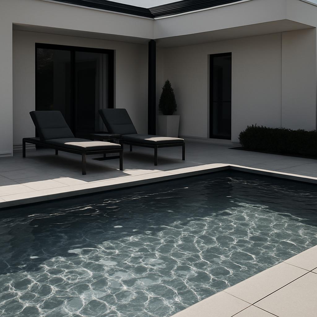A modern pool area with lounge chairs, featuring dark and light grey tile and walls, white ceiling, and a rectangular swim...